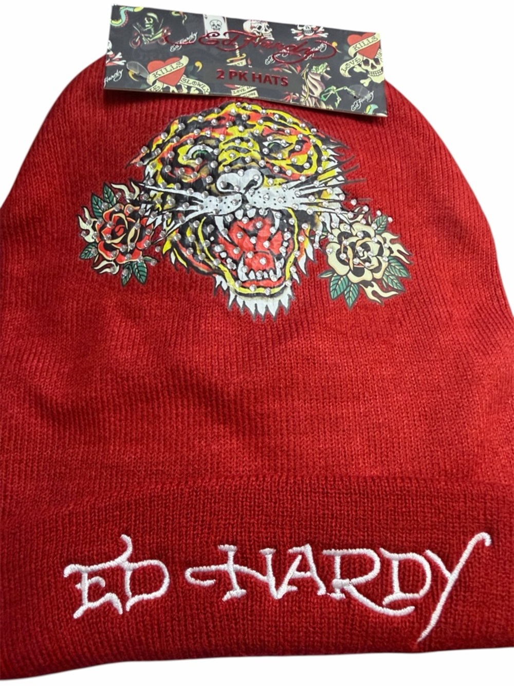Ed Hardy Beanie Set 2 Red Tiger + Black Skull Graphic Hat NWT Y2K